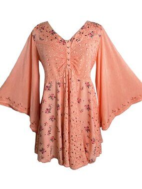 Agan Traders empire butterfly bell sleeve printed sequin bead flared boho peach